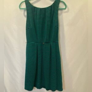 Navy Blue Green Stripe Fit & Flare Dress Medium w/ Pockets Merona